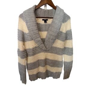 GAP Womens Medium Gray Cream Striped Shawl Collar Chunky Knit Sweater Cardigan